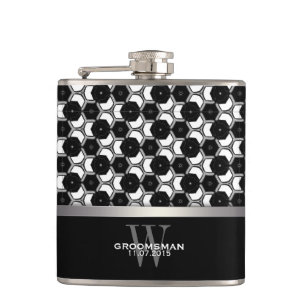 Black White Hexagon Pattern Groomsmen Hip Flask