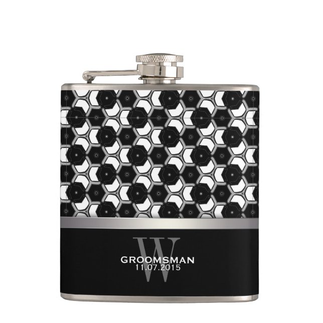 Black White Hexagon Pattern Groomsmen Hip Flask (Front)