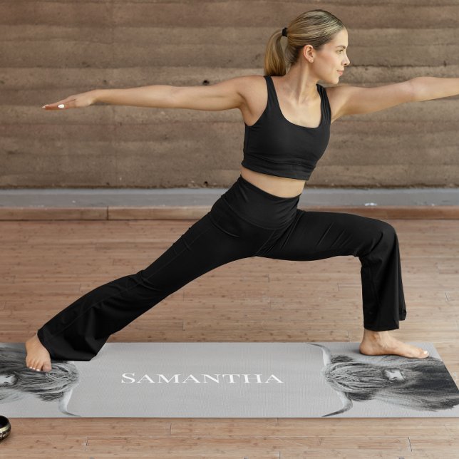 Black White Highland Cow  Monogram name   Yoga Mat (Creator Uploaded)
