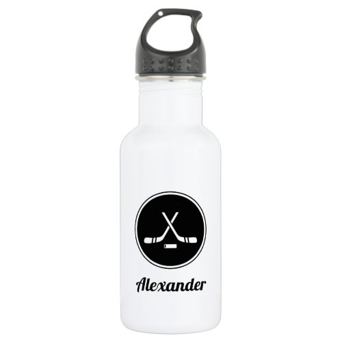 Black  White Hockey Design Boys Name Winter Sport Stainless Steel Water Bottle