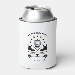 Black & White Hockey Equipment Pattern Can Cooler