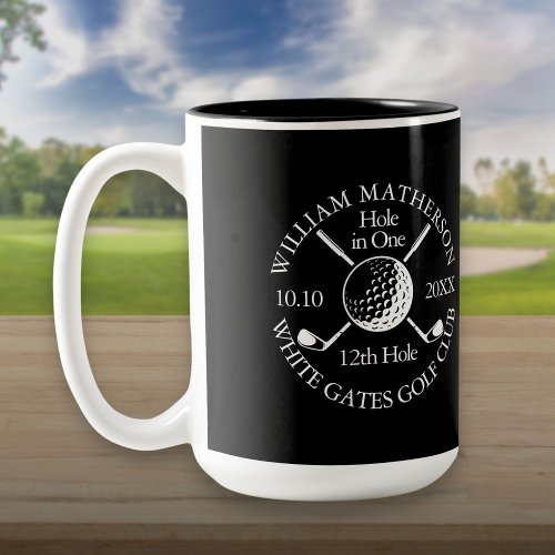 Black White Hole in One Golf Ball And Clubs Custom Two_Tone Coffee Mug