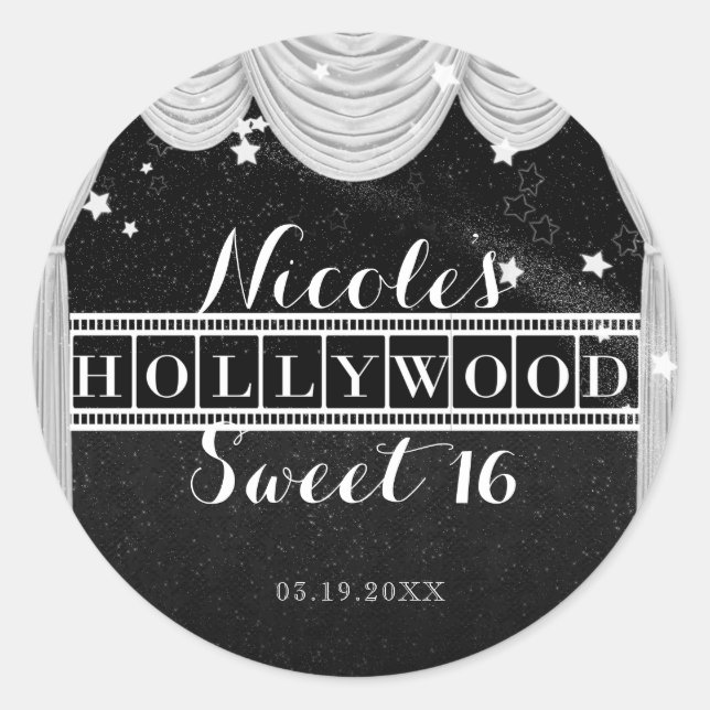 Black & White HOLLYWOOD Curtains Party Favor Classic Round Sticker (Front)