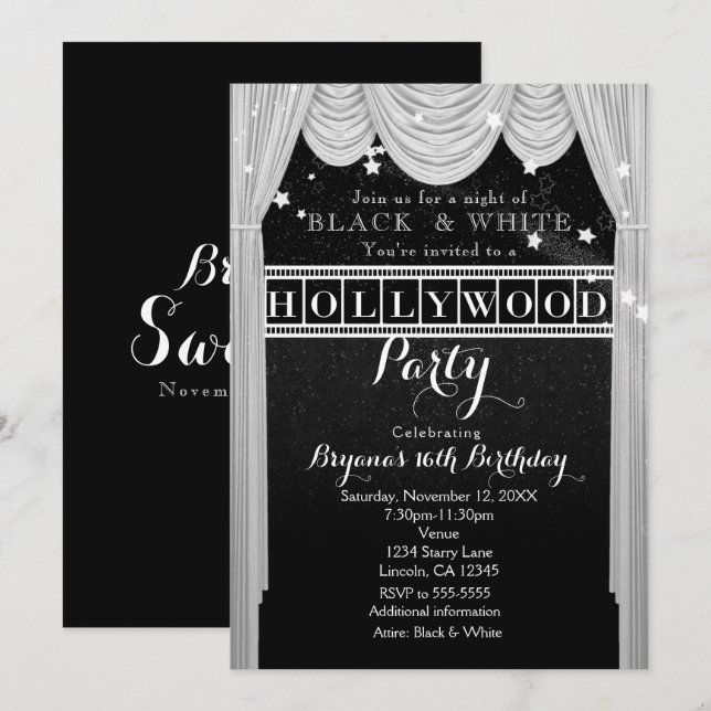 Black & White HOLLYWOOD Curtains Party Invitations (Front/Back)