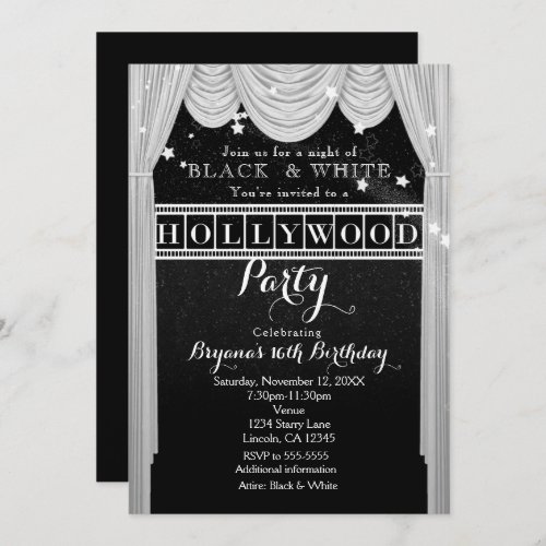 Black  White HOLLYWOOD Curtains Party Invitations