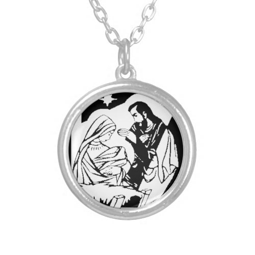 BlackWhite Holy Family Christmas Manger Scene Silver Plated Necklace