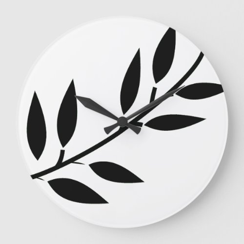 Black White Home Decor Simple Minimal Leaf Pattern Large Clock