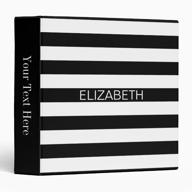 Black White Horizontal Preppy Stripe Name Monogram Binder (Front/Spine)