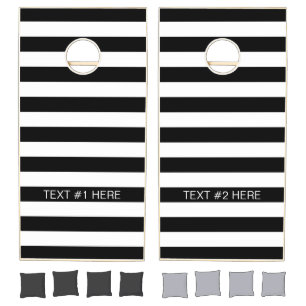 Black White Horizontal Preppy Stripe Name Monogram Cornhole Set