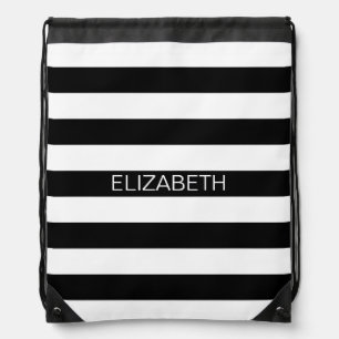 Black White Horizontal Preppy Stripe Name Monogram Drawstring Bag