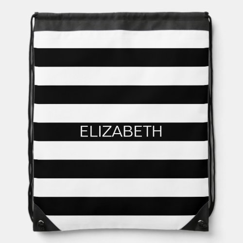 Black White Horizontal Preppy Stripe Name Monogram Drawstring Bag