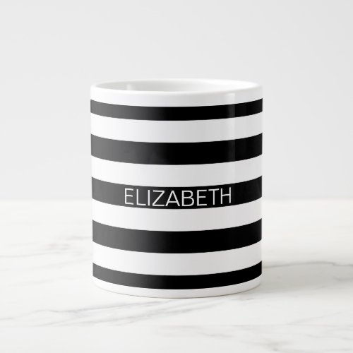 Black White Horizontal Preppy Stripe Name Monogram Giant Coffee Mug