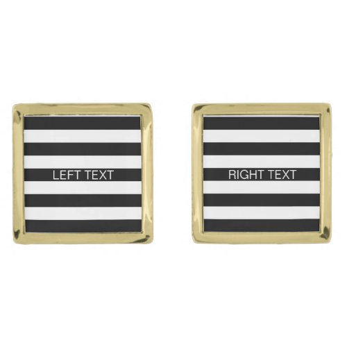 Black White Horizontal Preppy Stripe Name Monogram Gold Cufflinks