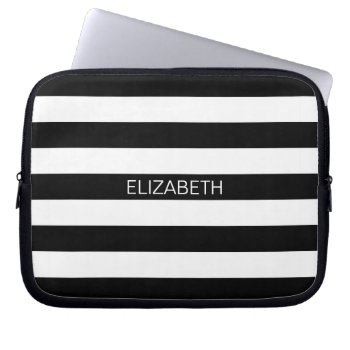 Black White Horizontal Preppy Stripe Name Monogram Laptop Sleeve by FantabulousCases at Zazzle