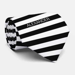 Black White Horizontal Preppy Stripe Name Monogram Neck Tie