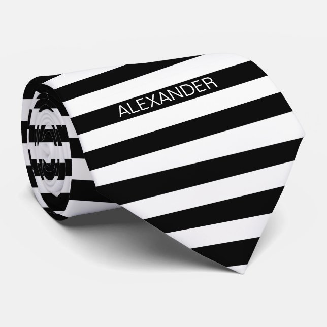 Black White Horizontal Preppy Stripe Name Monogram Neck Tie (Rolled)