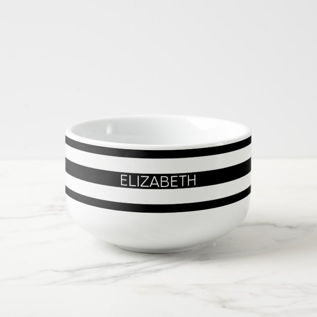 Black White Horizontal Preppy Stripe Name Monogram Soup Mug (Front)