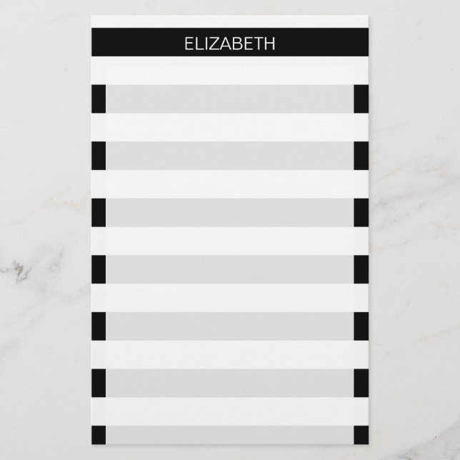 Black White Horizontal Preppy Stripe Name Monogram Stationery (Front)