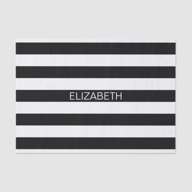 Black White Horizontal Preppy Stripe Name Monogram Tissue Paper (Front)