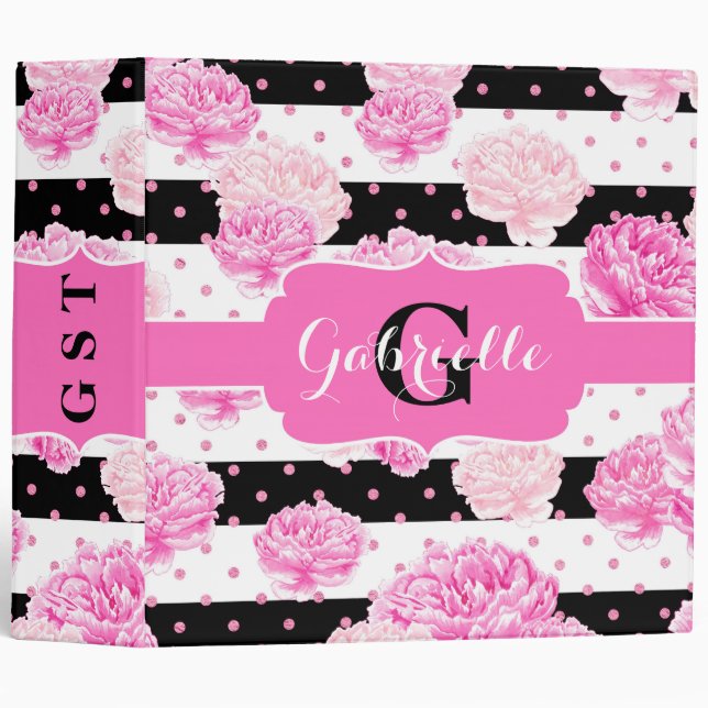 Black & White Horizontal Stripes Floral Monogram 3 Ring Binder (Front/Spine)