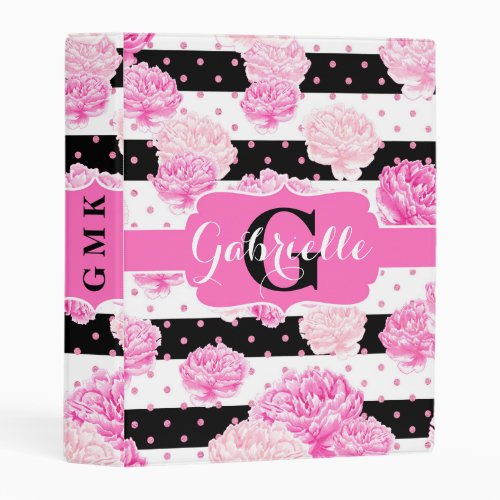 Black  White Horizontal Stripes Floral Monogram Mini Binder