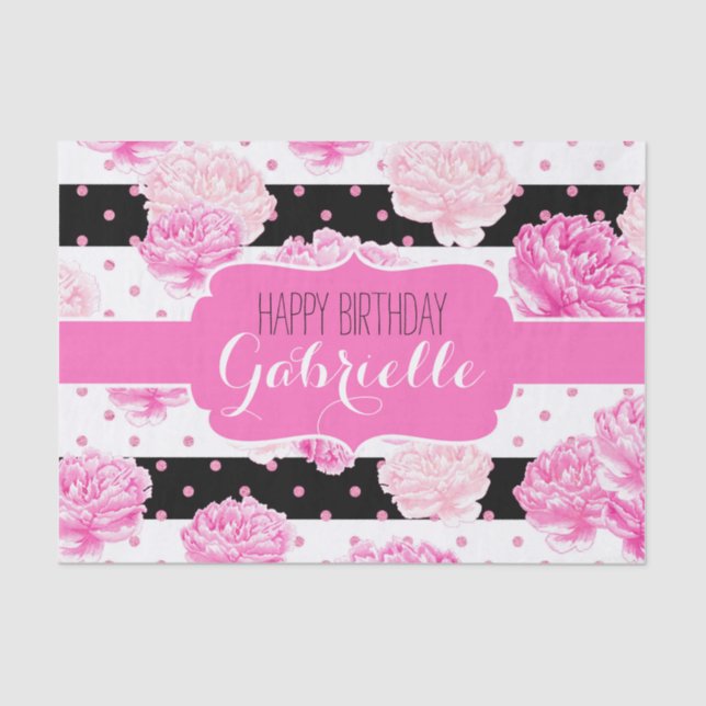 Black & White Horizontal Stripes Floral Monogram Tissue Paper (Front)