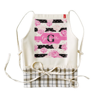 Black & White Horizontal Stripes Floral Monogram Zazzle HEART Apron