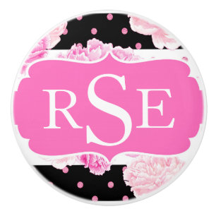 Black & White Horizontal Stripes Watercolor Floral Ceramic Knob