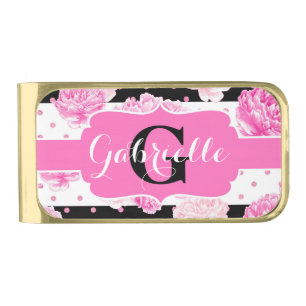 Black & White Horizontal Stripes Watercolor Floral Gold Finish Money Clip