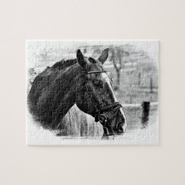 Black White Horse - Animal Photography Art Jigsaw Puzzle (Horizontal)