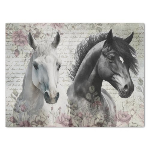 Black White Horse Floral Decoupage Tissue Paper