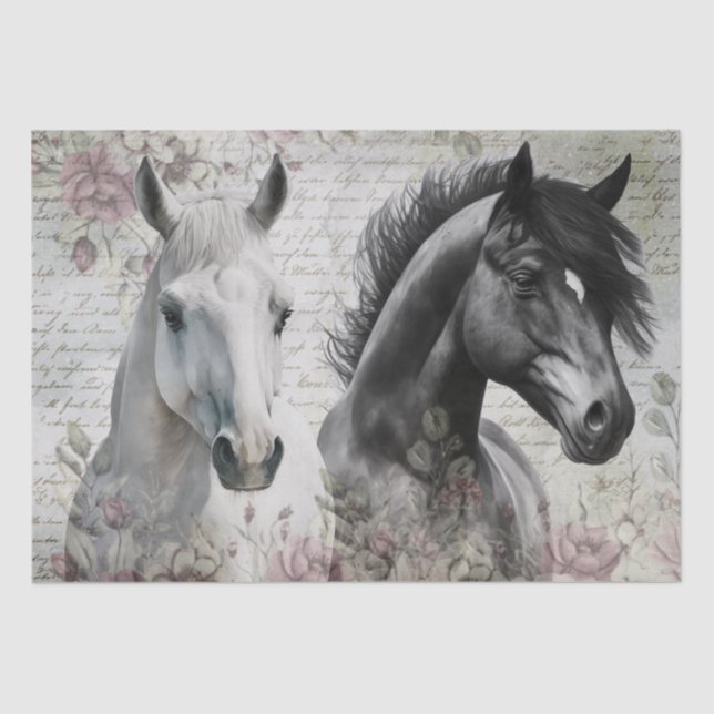 Black White Horse Floral Decoupage Tissue Paper (Front)