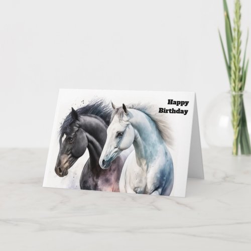 Black  White Horse Pair in Watercolor Birthday Card
