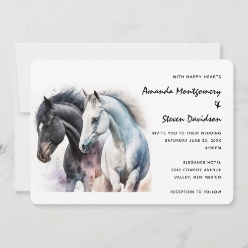 Black  White Horse Pair in Watercolor Invitation
