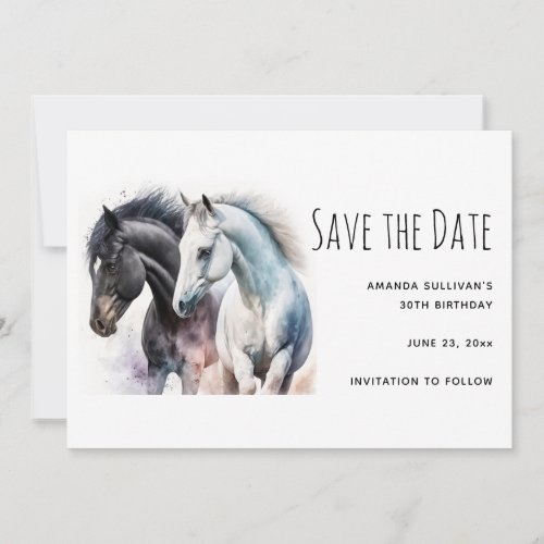 Black  White Horse Pair in Watercolor Save The Date