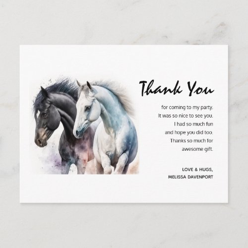 Black  White Horse Pair in Watercolor Thank You Postcard