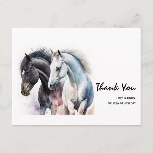 Black  White Horse Pair in Watercolor Thank You Postcard