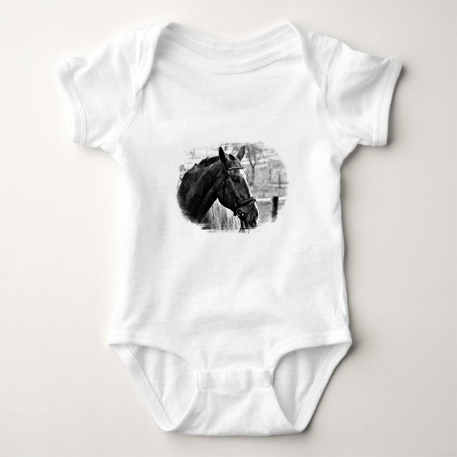 Black White Horse Sketch Baby Bodysuit (Front)