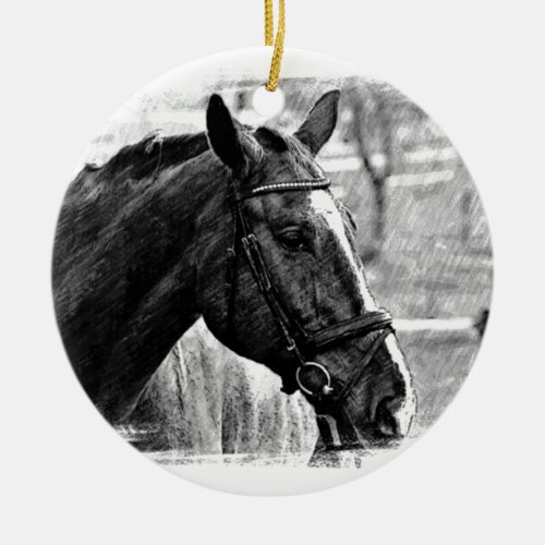 Black White Horse Sketch Ceramic Ornament