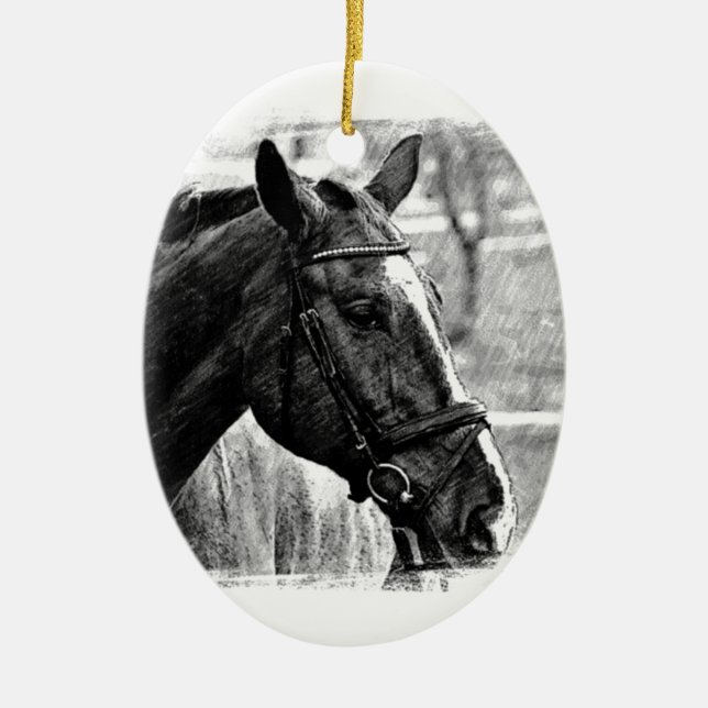 Black White Horse Sketch Ceramic Ornament (Front)