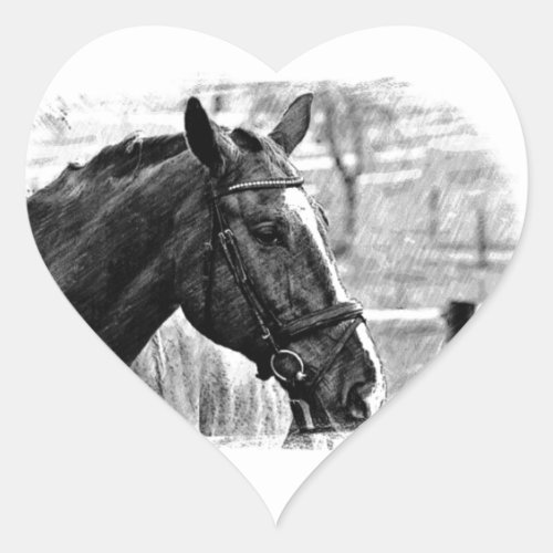 Black White Horse Sketch Heart Sticker