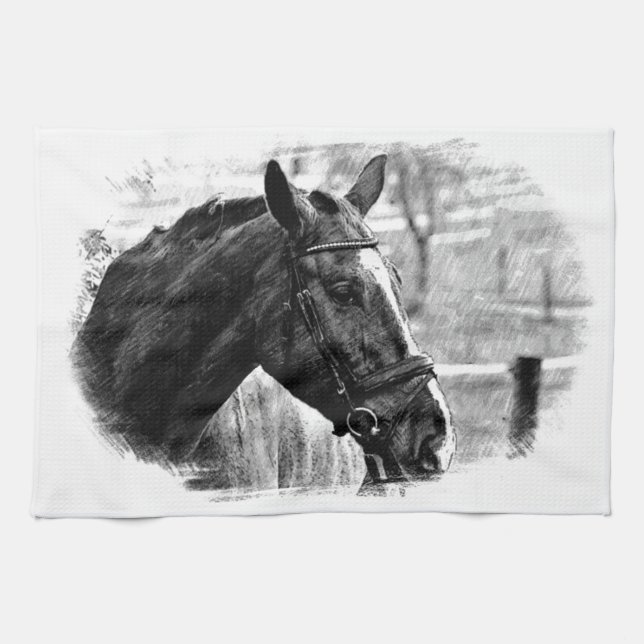 Black White Horse Sketch Kitchen Towel (Horizontal)