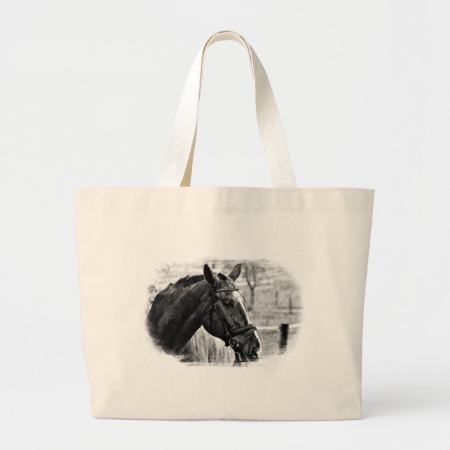 Black White Horse Sketch Large Tote Bag (Front)