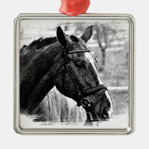 Black White Horse Sketch Metal Ornament