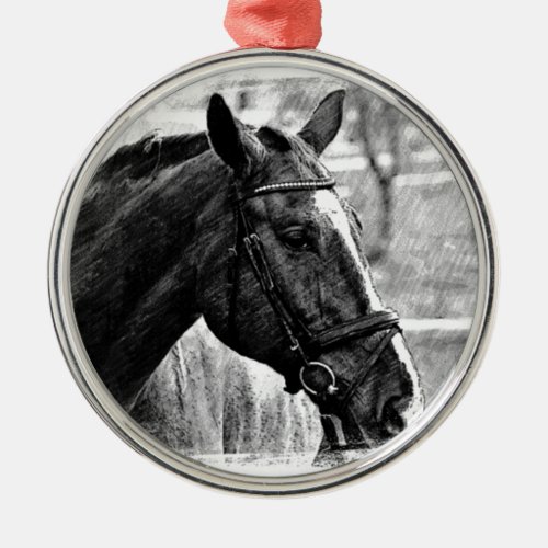 Black White Horse Sketch Metal Ornament