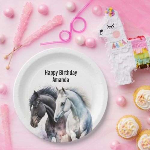 Black  White Horses in Watercolor Birthday Paper Plates