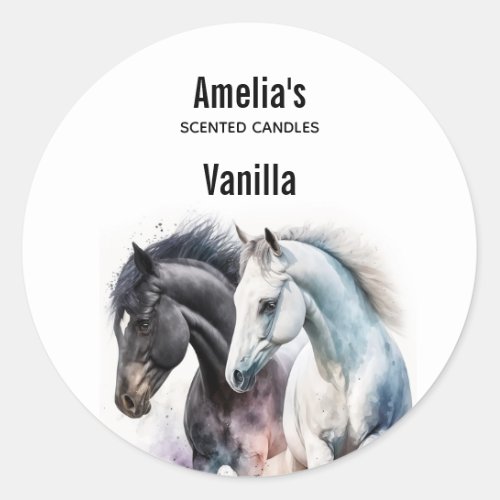 Black  White Horses in Watercolor Candle Business Classic Round Sticker