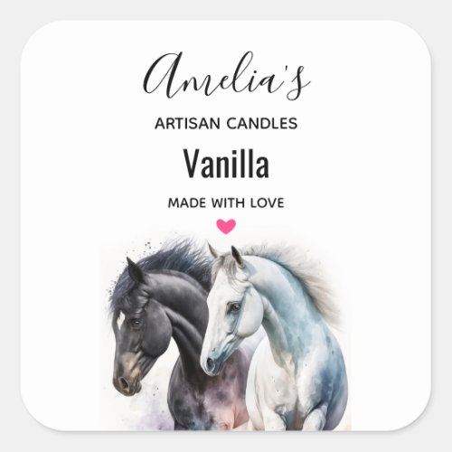 Black  White Horses in Watercolor Candle Business Square Sticker