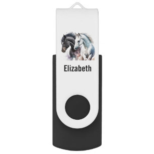 Black & White Horses in Watercolor Flash Drive