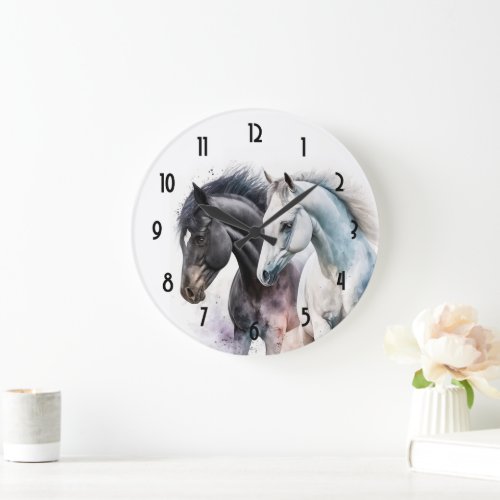 Black  White Horses in Watercolor Large Clock